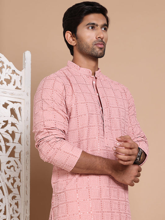 Sequin Embroidered Pure Cotton Kurta with Pyjamas ( JOKP P 5096Peach )