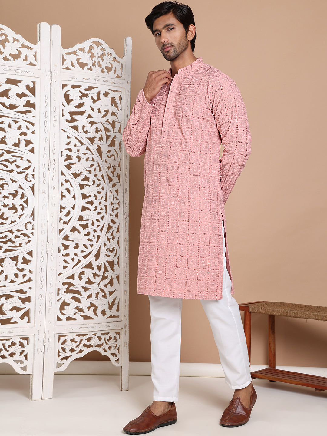 Sequin Embroidered Pure Cotton Kurta with Pyjamas ( JOKP P 5096Peach )