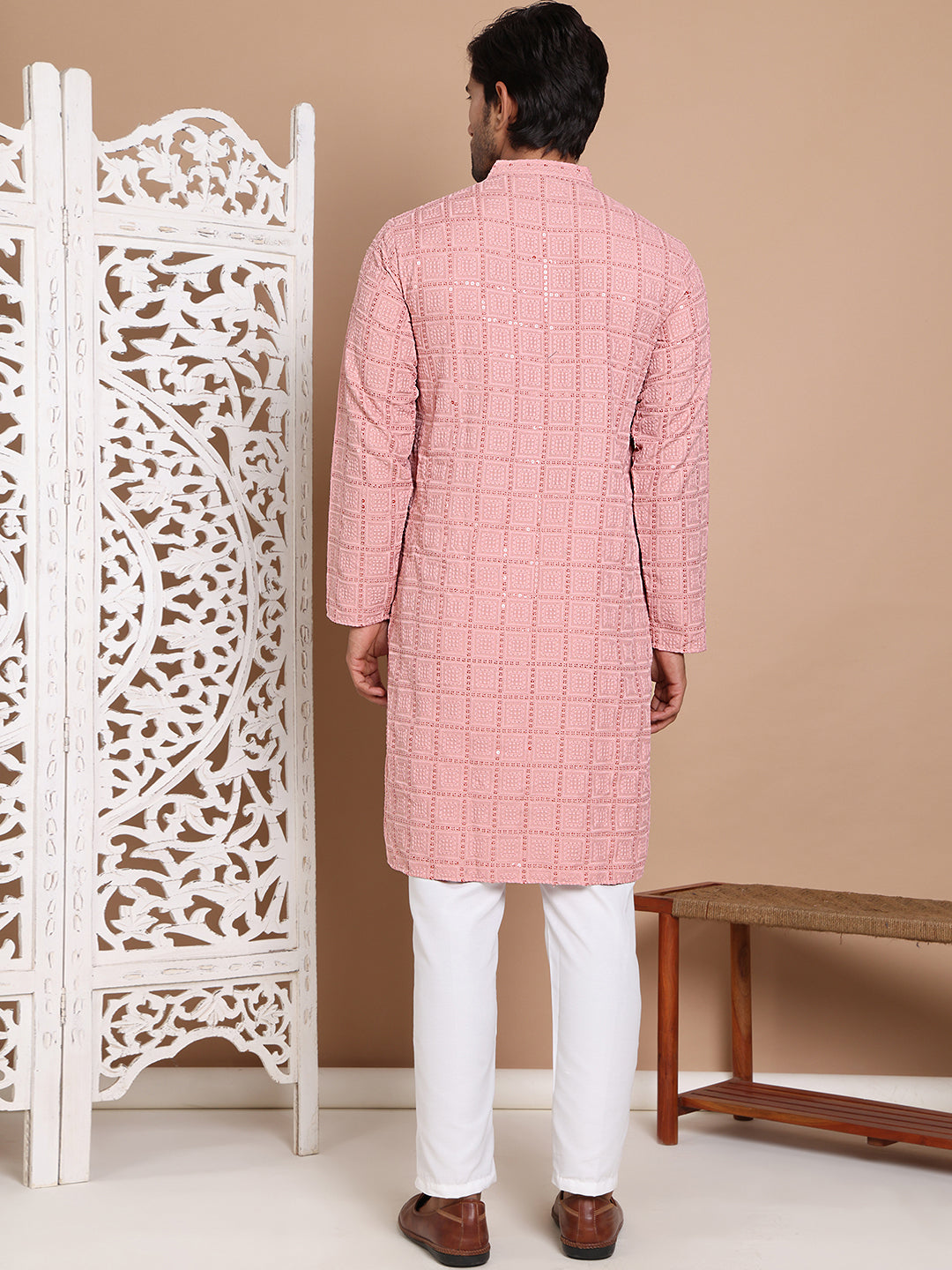 Sequin Embroidered Pure Cotton Kurta with Pyjamas ( JOKP P 5096Peach )