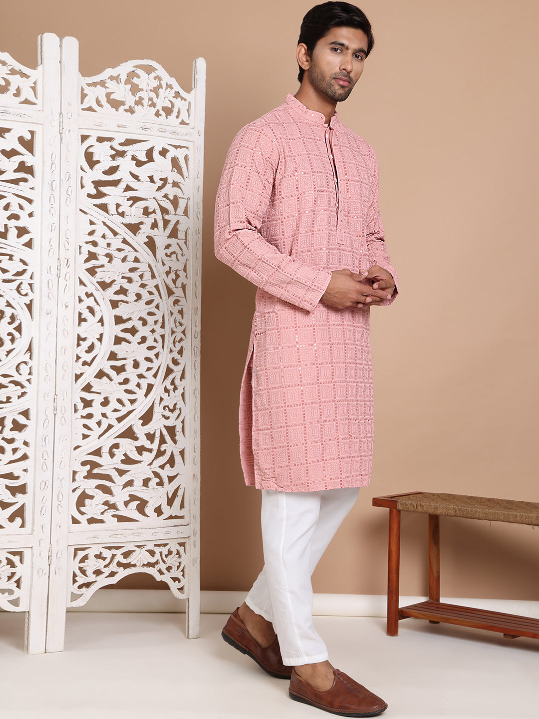 Sequin Embroidered Pure Cotton Kurta with Pyjamas ( JOKP P 5096Peach )