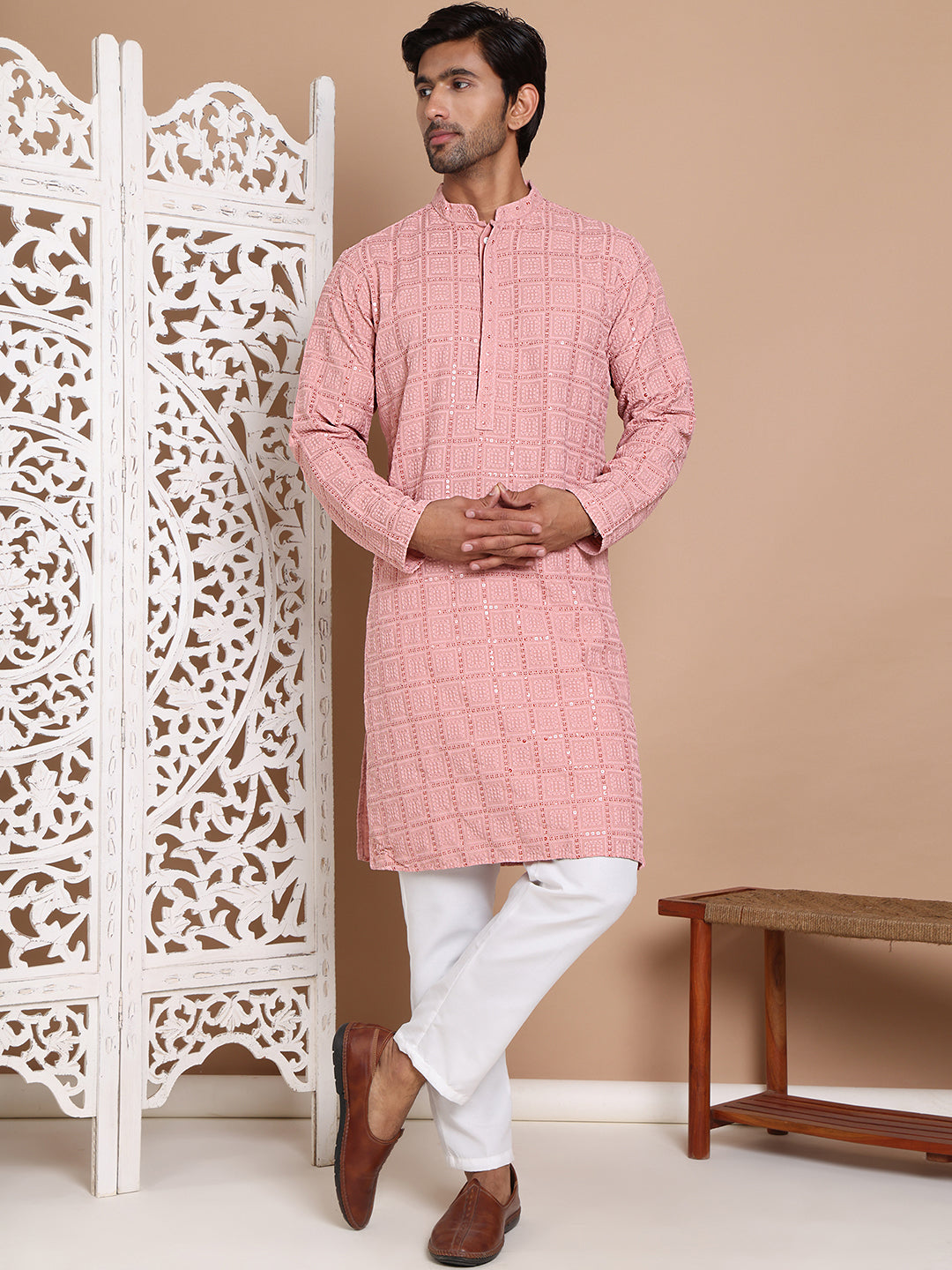 Sequin Embroidered Pure Cotton Kurta with Pyjamas ( JOKP P 5096Peach )
