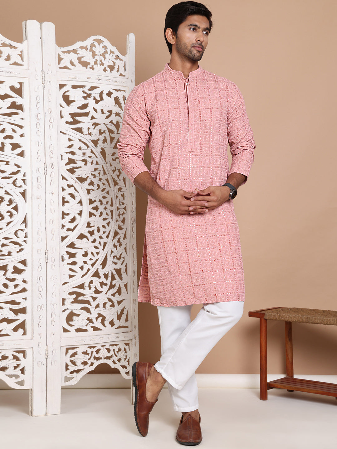 Sequin Embroidered Pure Cotton Kurta with Pyjamas ( JOKP P 5096Peach )