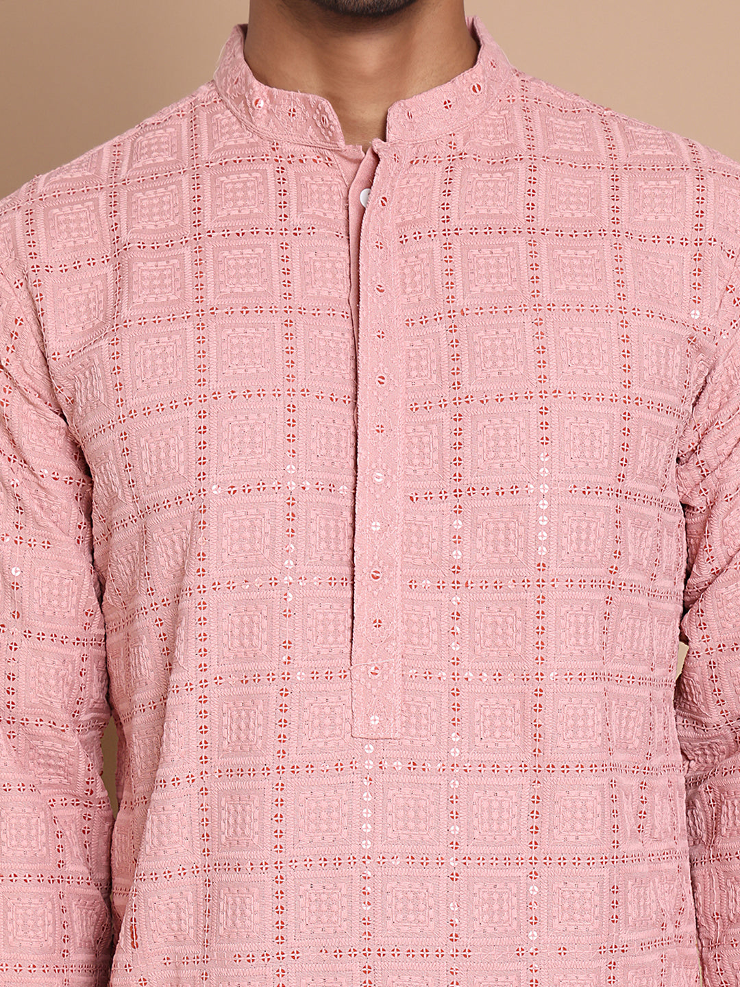 Sequin Embroidered Pure Cotton Kurta with Pyjamas ( JOKP P 5096Peach )