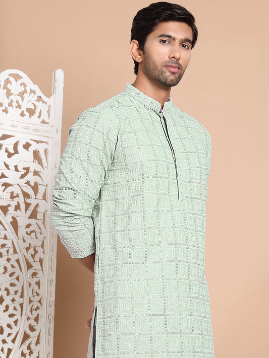 Sequin Embroidered Pure Cotton Kurta with Pyjamas ( JOKP P 5096Pista )