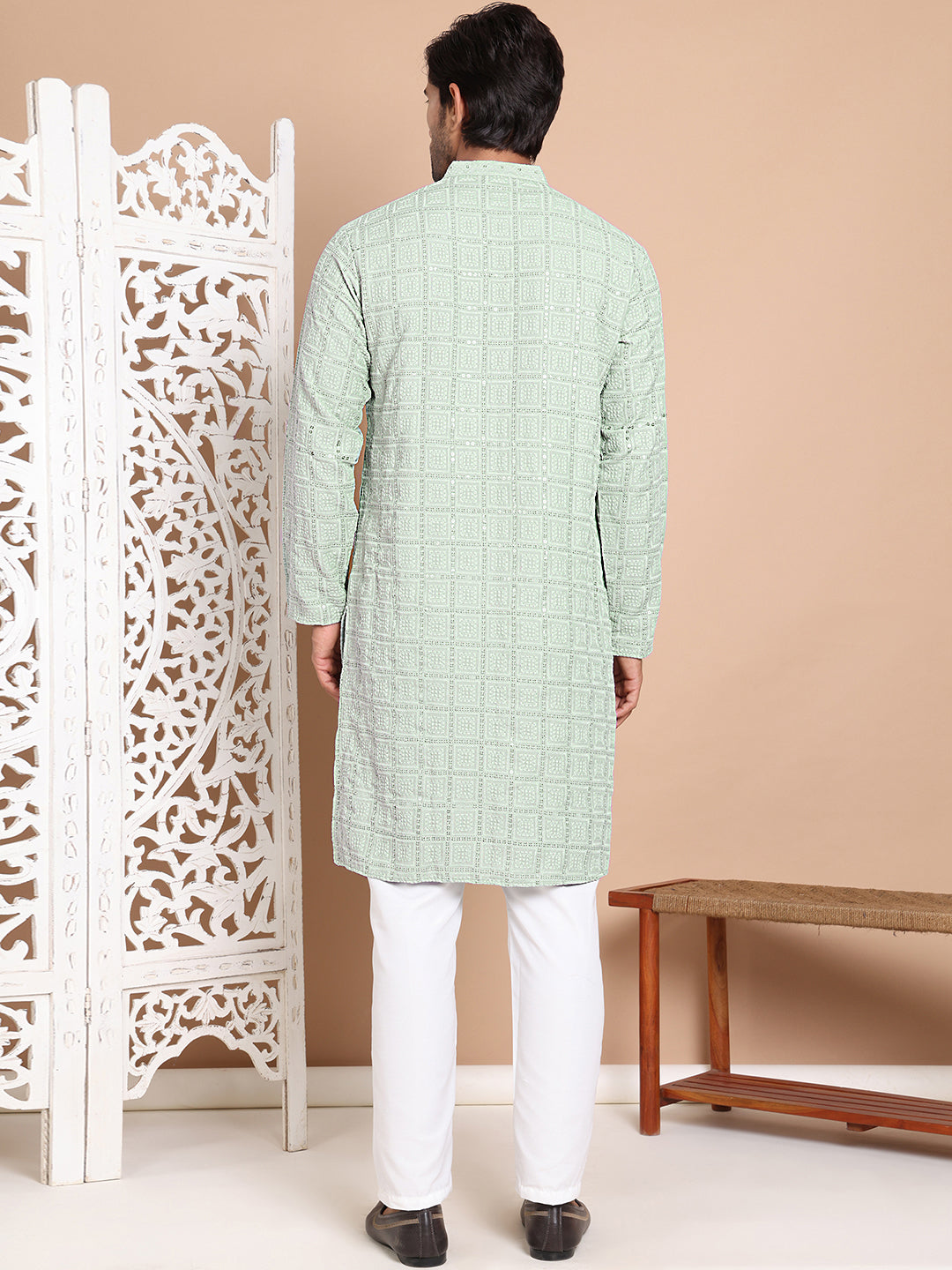 Sequin Embroidered Pure Cotton Kurta with Pyjamas ( JOKP P 5096Pista )