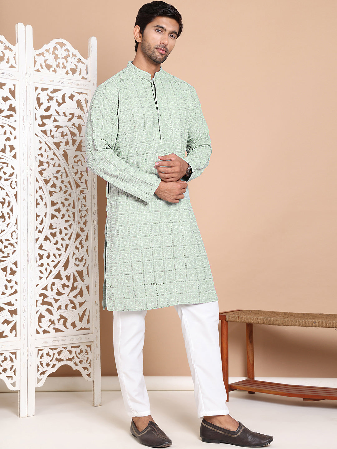 Sequin Embroidered Pure Cotton Kurta with Pyjamas ( JOKP P 5096Pista )