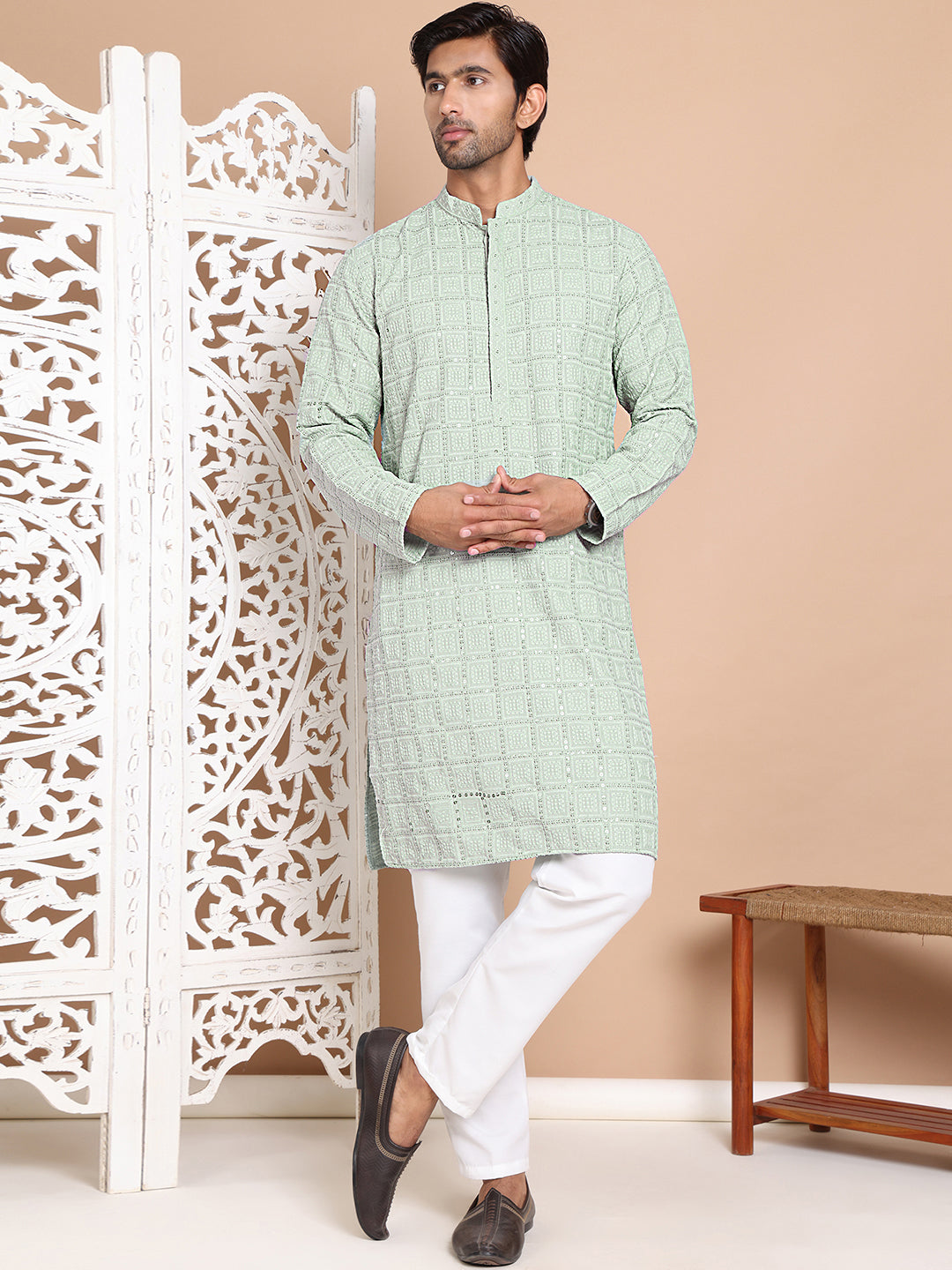 Sequin Embroidered Pure Cotton Kurta with Pyjamas ( JOKP P 5096Pista )