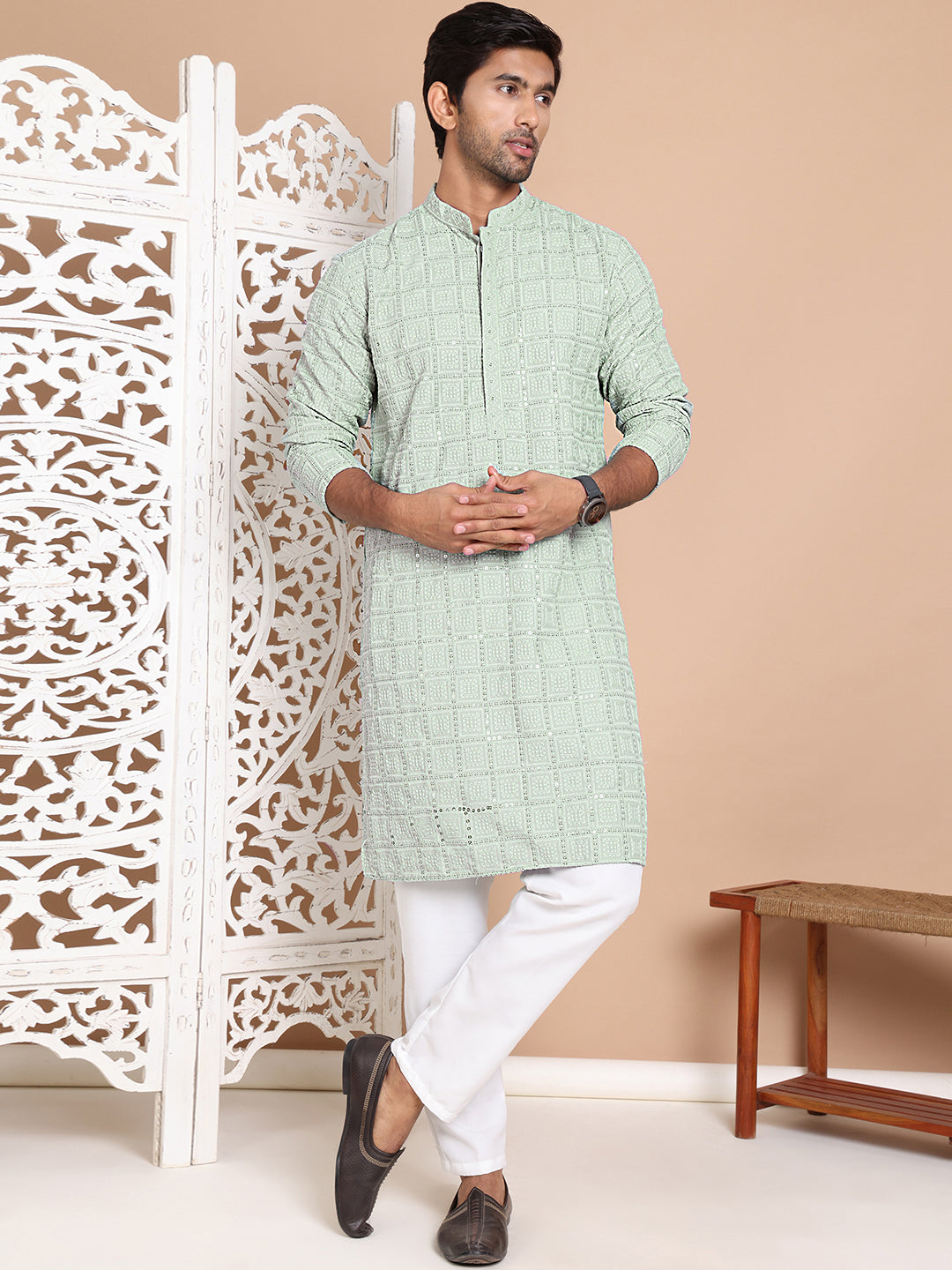 Sequin Embroidered Pure Cotton Kurta with Pyjamas ( JOKP P 5096Pista )