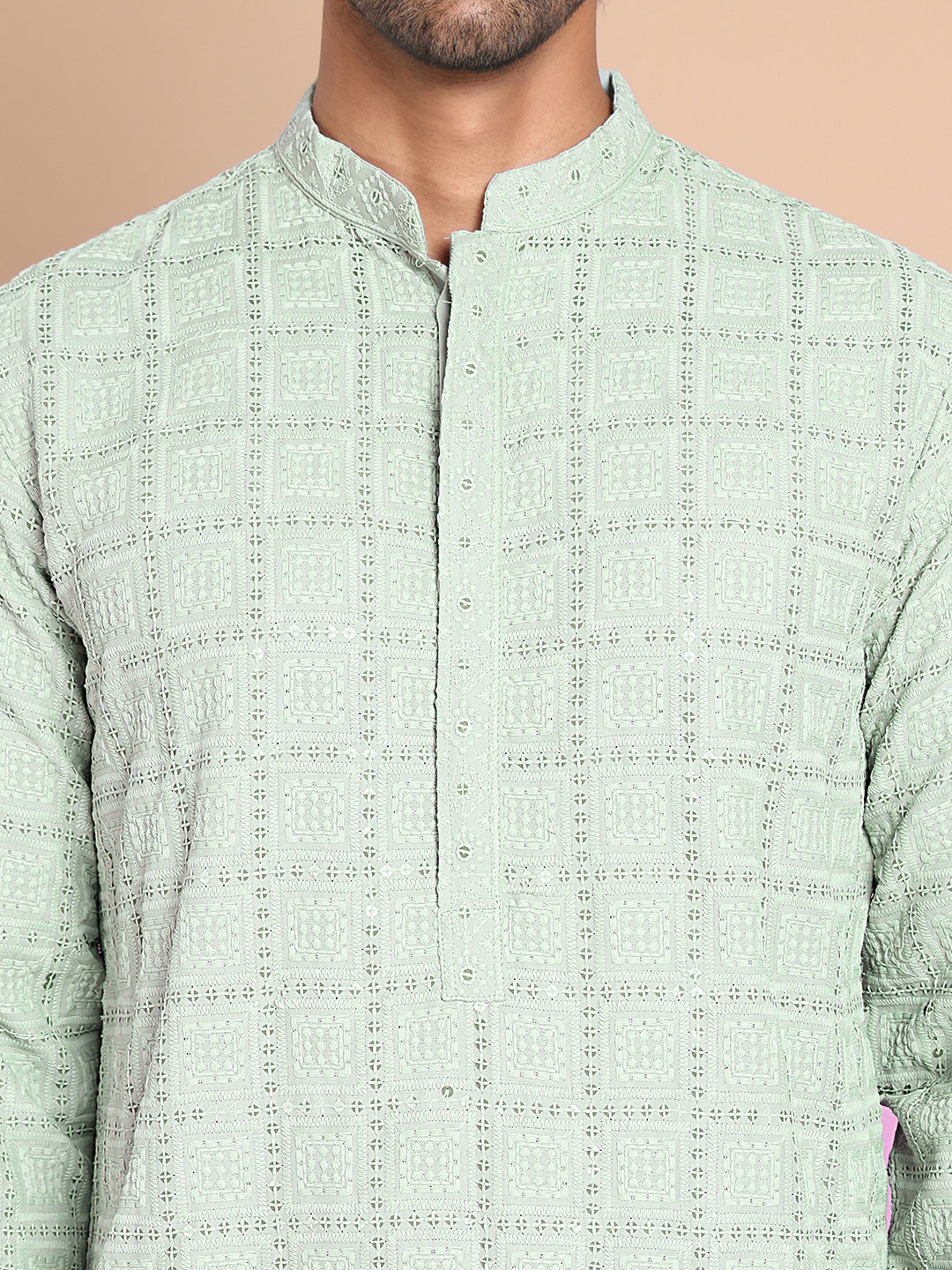 Sequin Embroidered Pure Cotton Kurta with Pyjamas ( JOKP P 5096Pista )