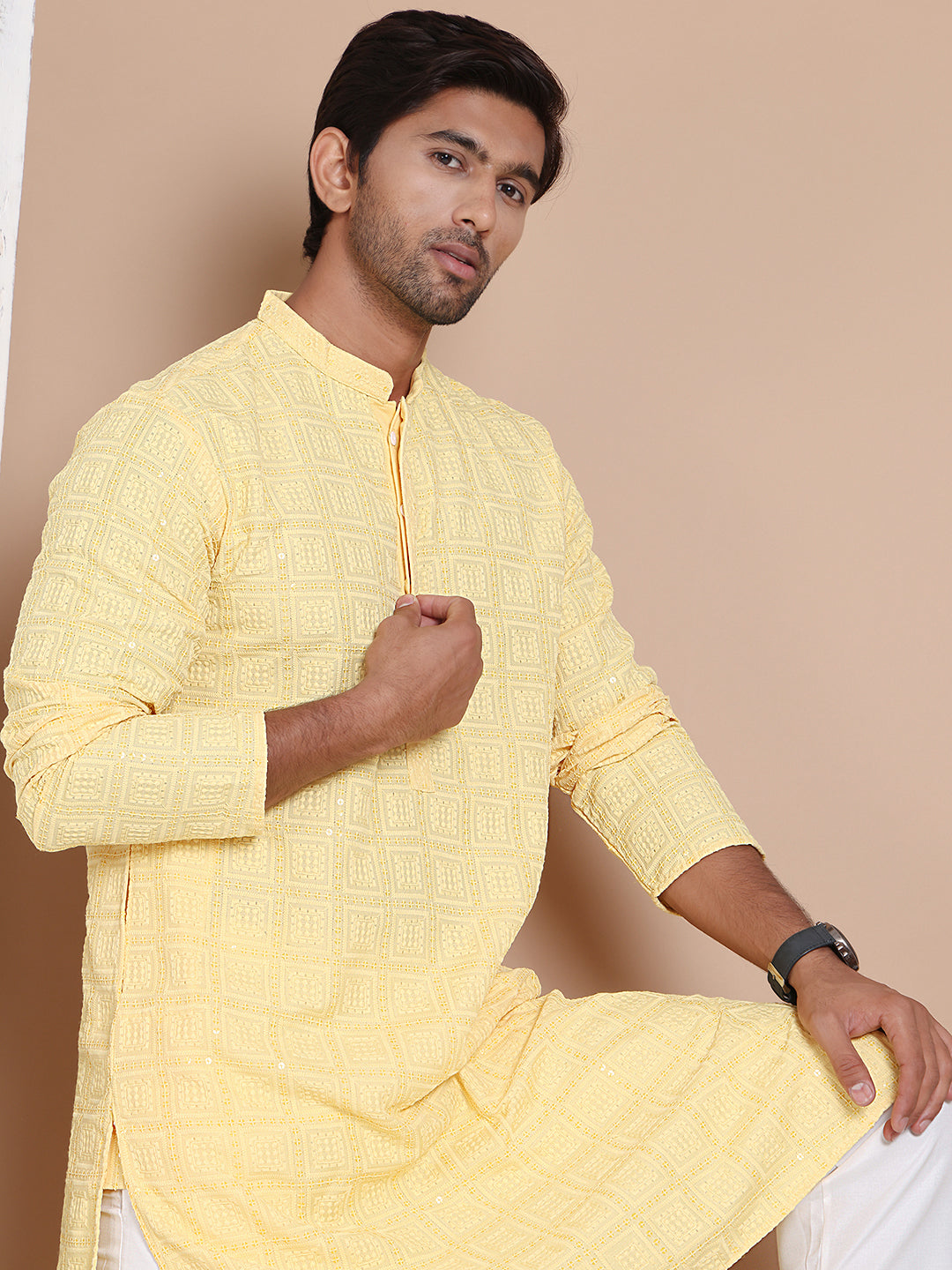 Sequin Embroidered Pure Cotton Kurta with Pyjamas ( JOKP P 5096Yellow )