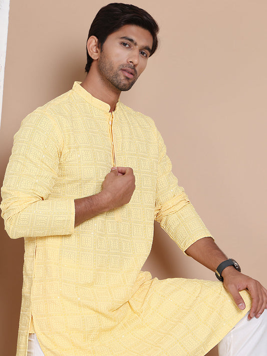 Sequin Embroidered Pure Cotton Kurta with Pyjamas ( JOKP P 5096Yellow )