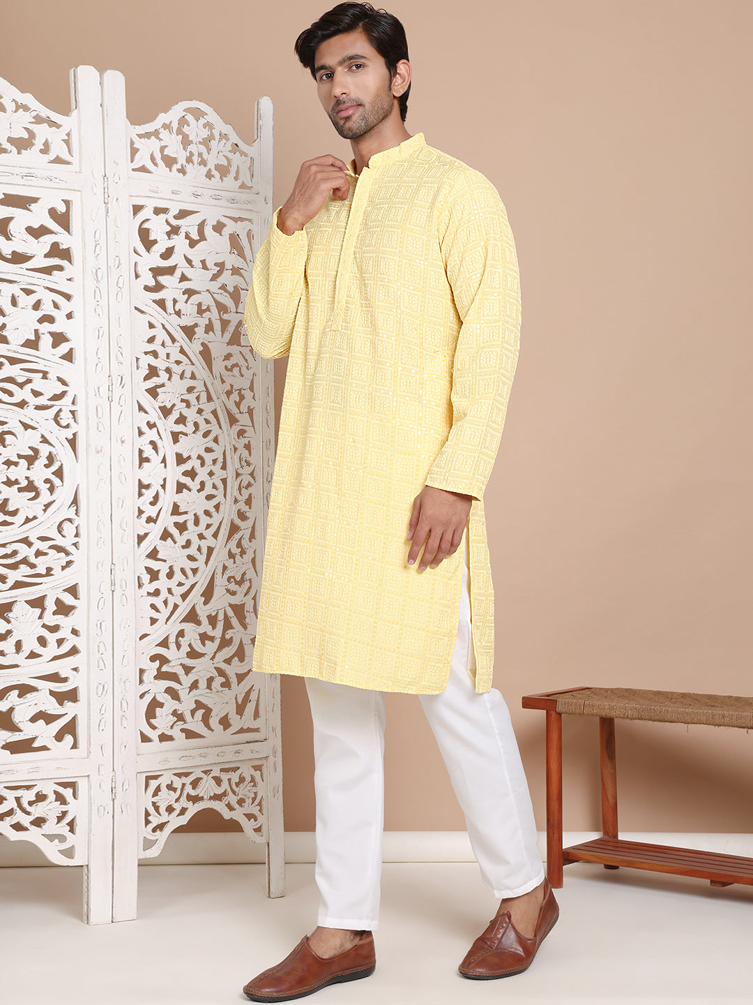 Sequin Embroidered Pure Cotton Kurta with Pyjamas ( JOKP P 5096Yellow )