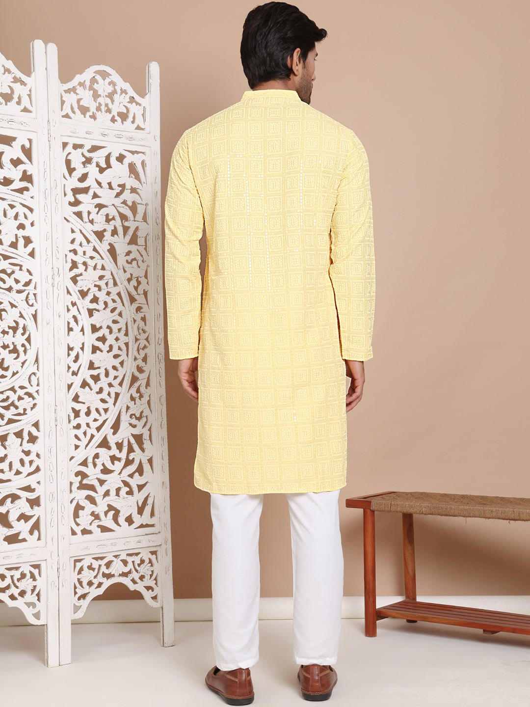 Sequin Embroidered Pure Cotton Kurta with Pyjamas ( JOKP P 5096Yellow )