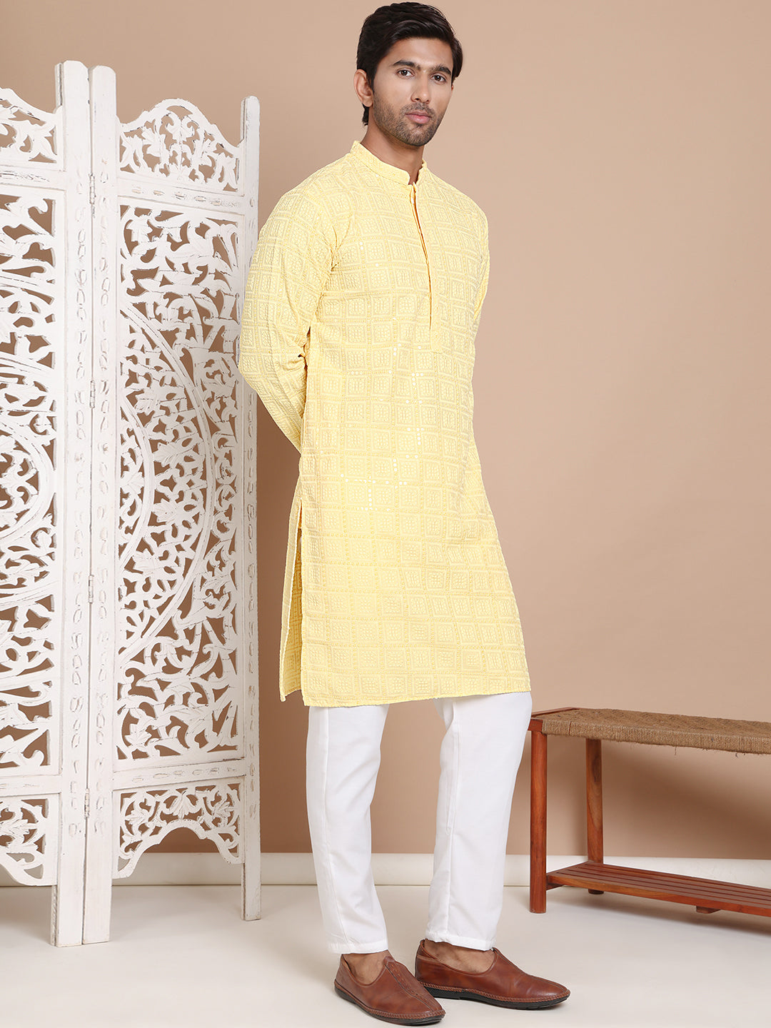 Sequin Embroidered Pure Cotton Kurta with Pyjamas ( JOKP P 5096Yellow )