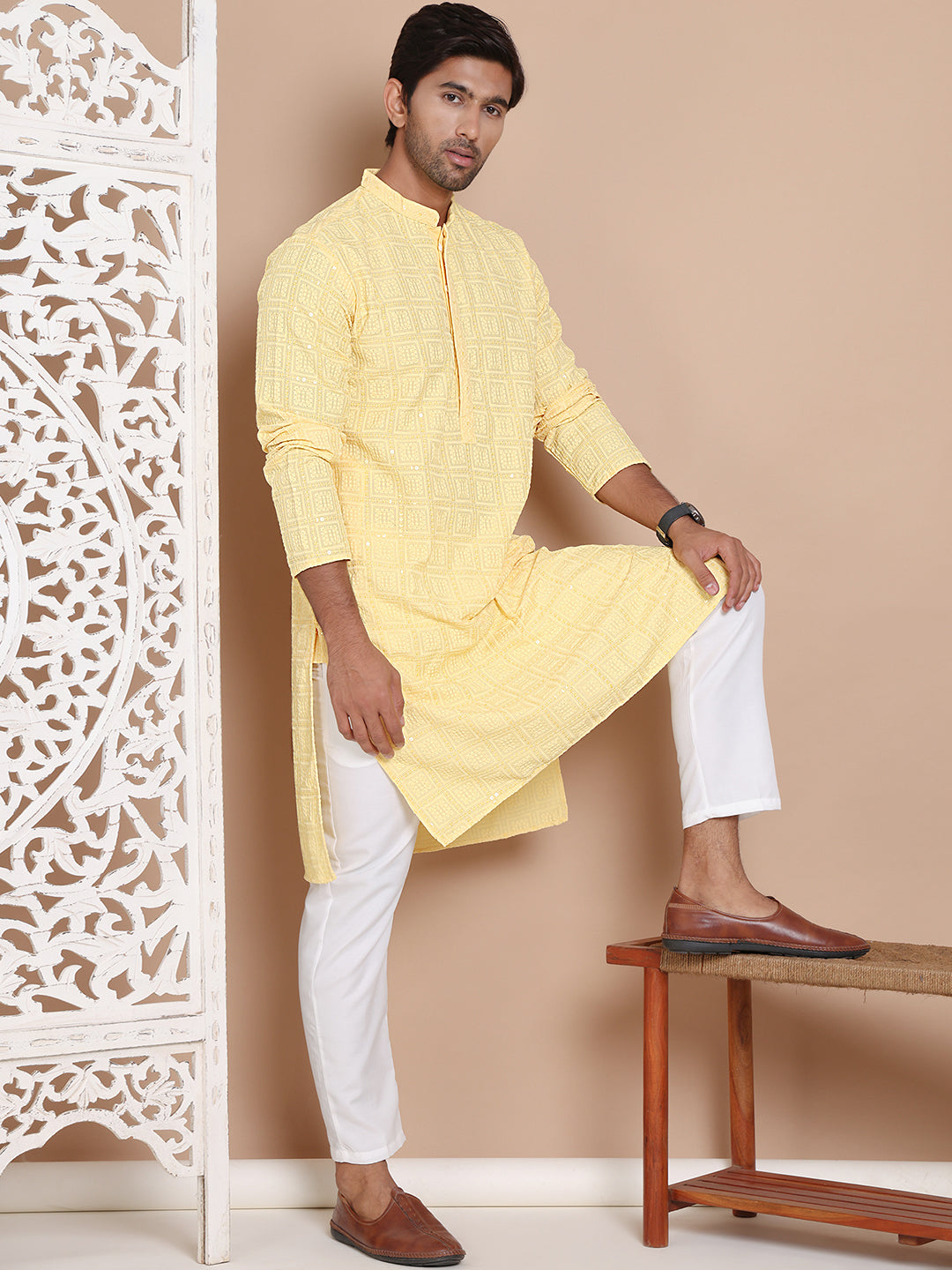 Sequin Embroidered Pure Cotton Kurta with Pyjamas ( JOKP P 5096Yellow )