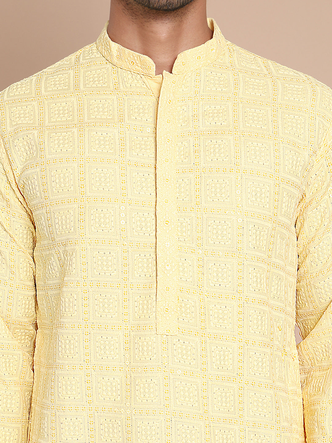 Sequin Embroidered Pure Cotton Kurta with Pyjamas ( JOKP P 5096Yellow )