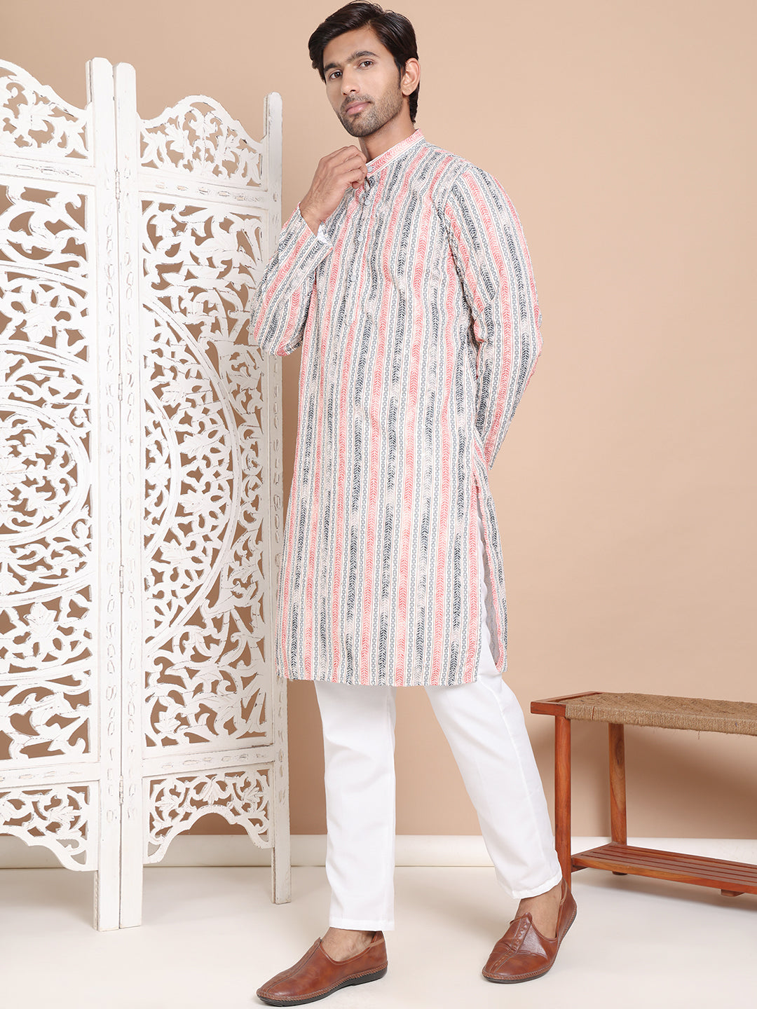 Printed and Emrbroidered Kurta Pyjama Set ( JOKP P 5097Beige )