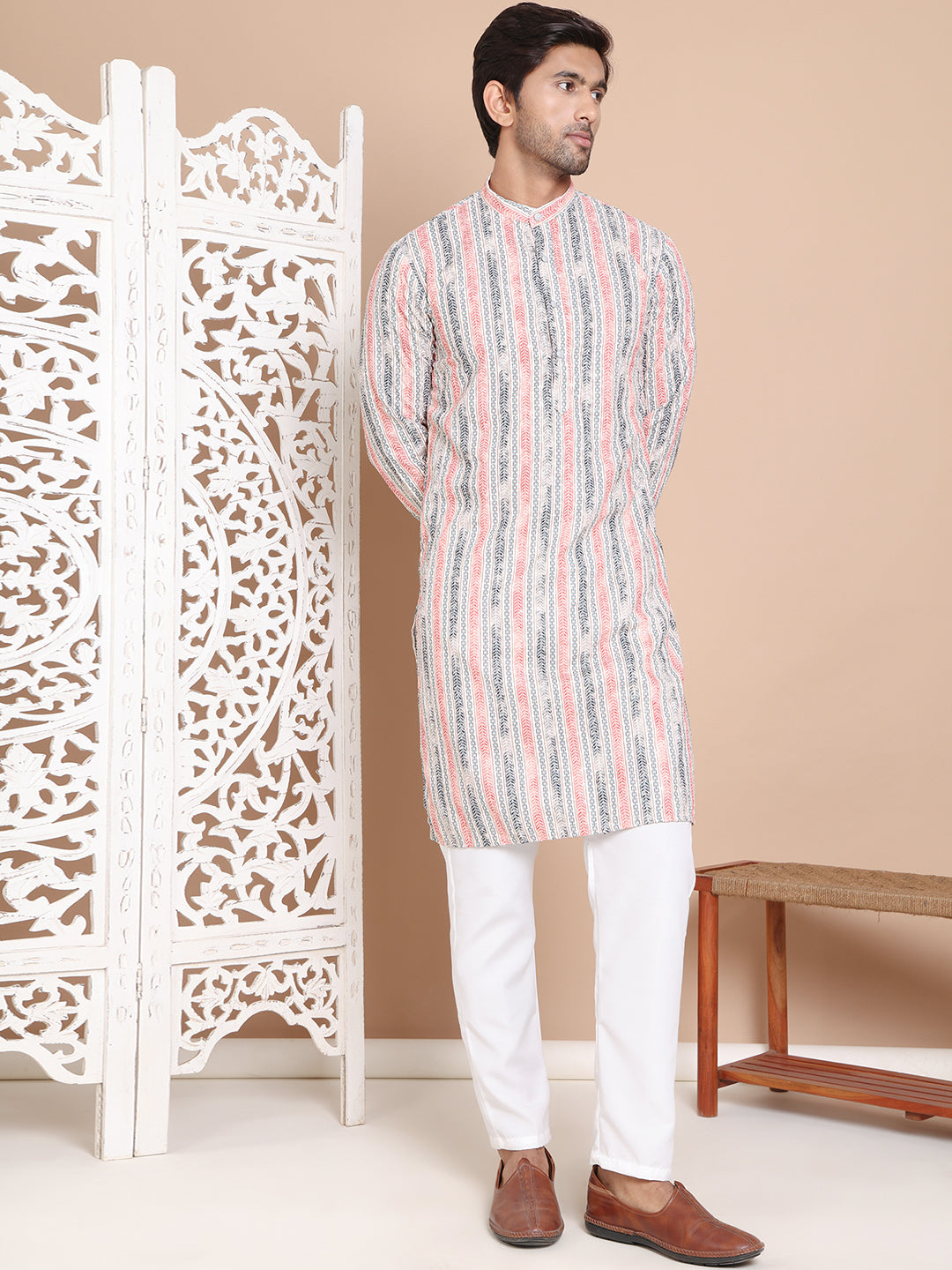 Printed and Emrbroidered Kurta Pyjama Set ( JOKP P 5097Beige )