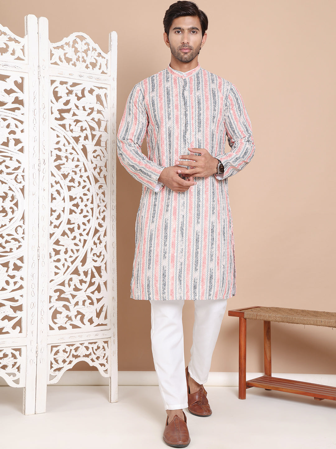 Printed and Emrbroidered Kurta Pyjama Set ( JOKP P 5097Beige )