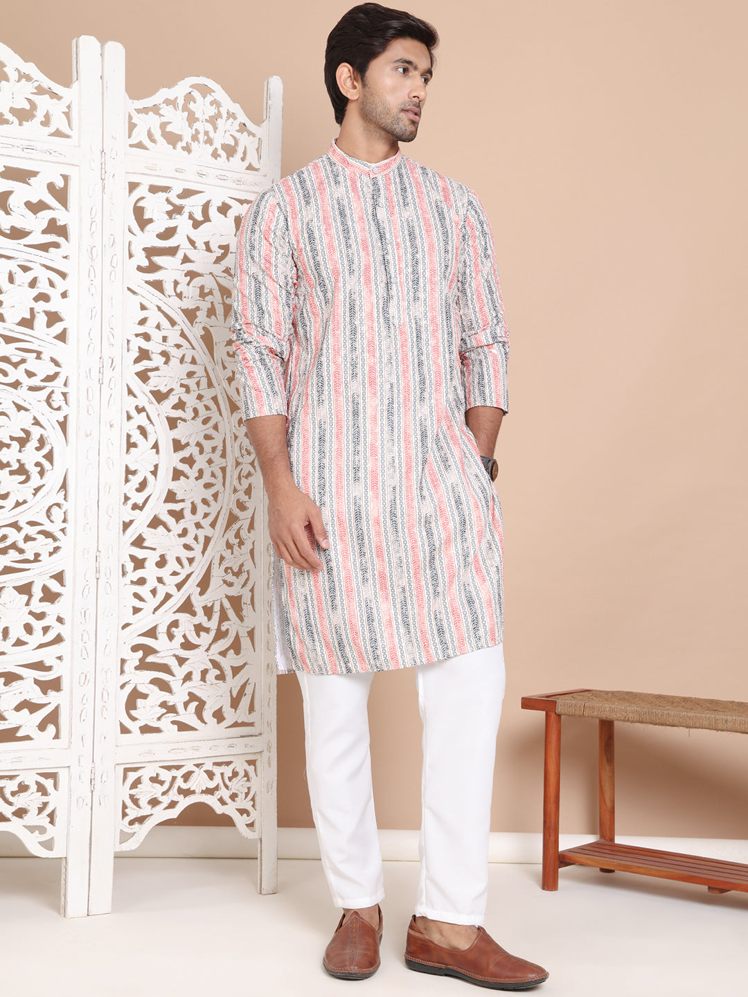 Printed and Emrbroidered Kurta Pyjama Set ( JOKP P 5097Beige )