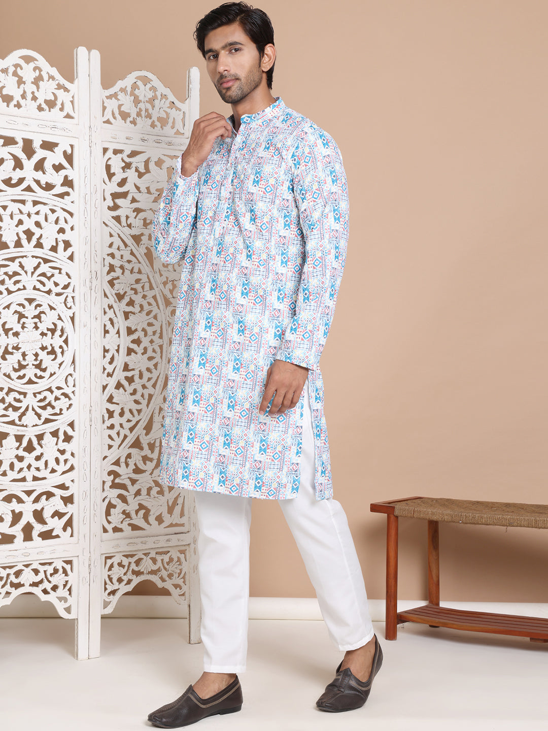 Printed and Emrbroidered Kurta Pyjama Set ( JOKP P 5097Blue )