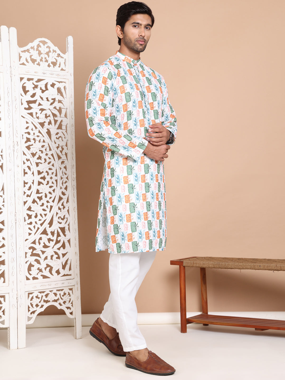 Printed and Emrbroidered Kurta Pyjama Set ( JOKP P 5097Off-White )