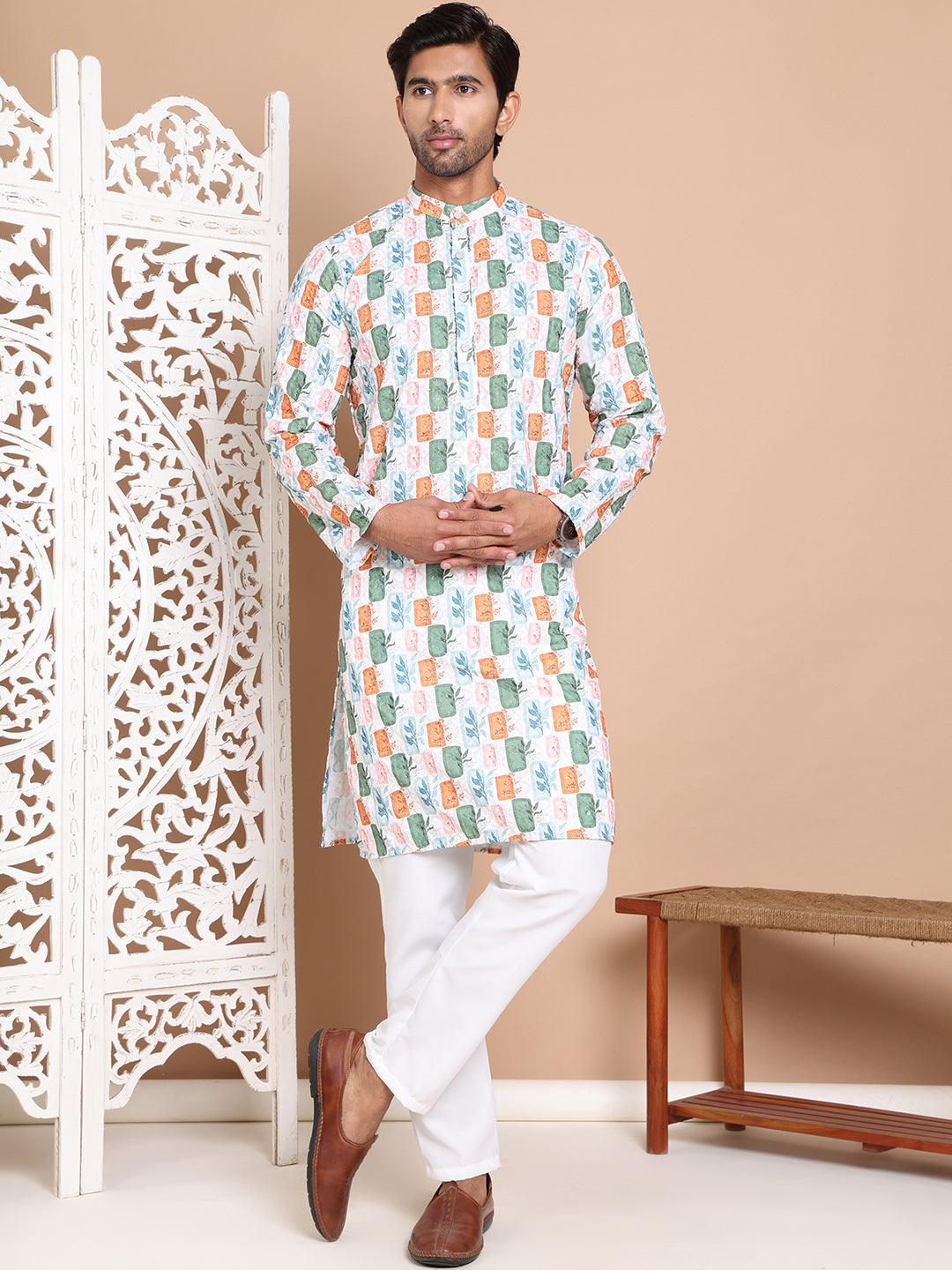 Printed and Emrbroidered Kurta Pyjama Set ( JOKP P 5097Off-White )