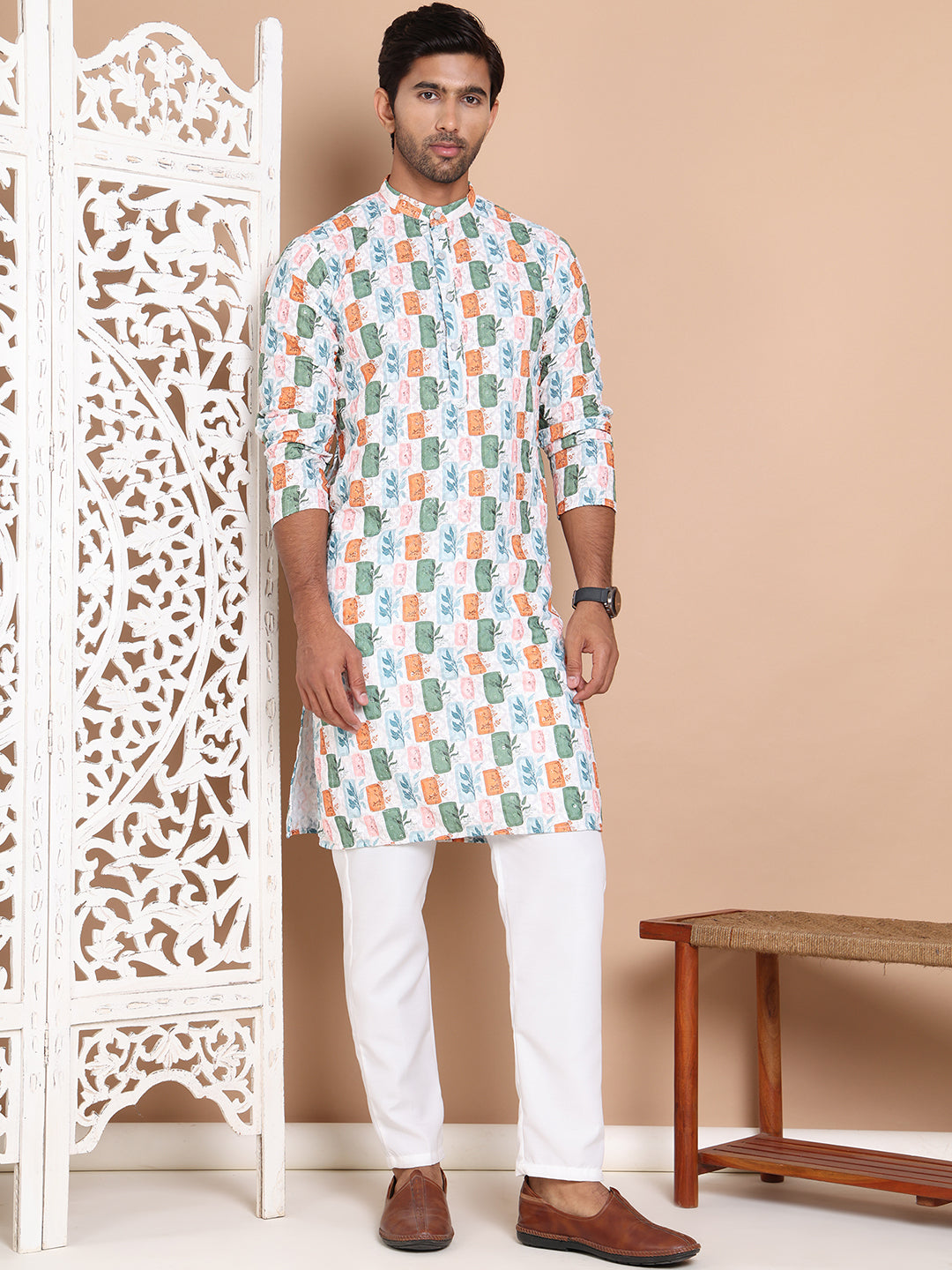 Printed and Emrbroidered Kurta Pyjama Set ( JOKP P 5097Off-White )