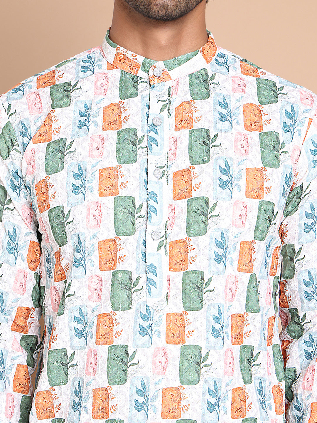 Printed and Emrbroidered Kurta Pyjama Set ( JOKP P 5097Off-White )