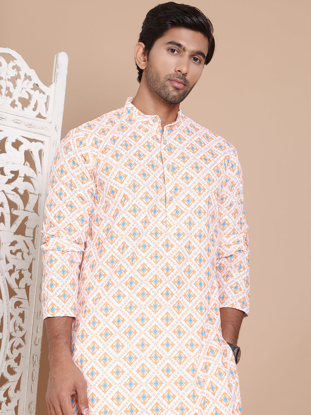 Printed and Emrbroidered Kurta Pyjama Set ( JOKP P 5097Orange )