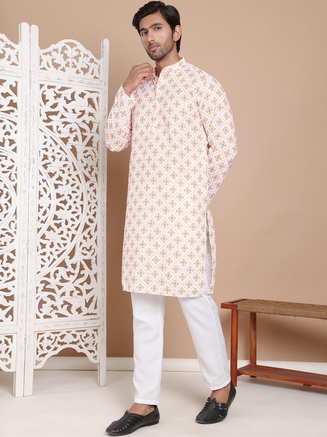 Printed and Emrbroidered Kurta Pyjama Set ( JOKP P 5097Orange )