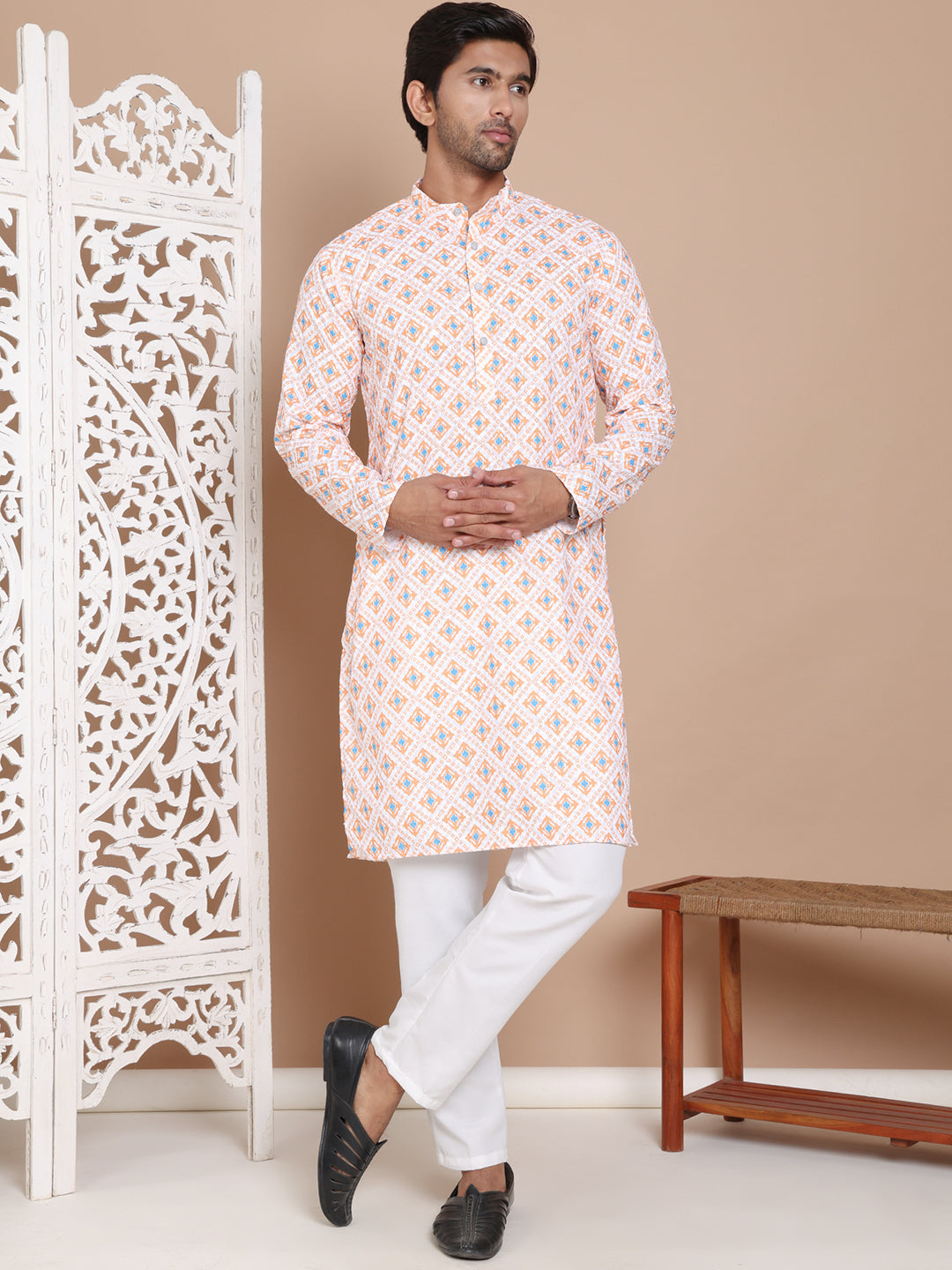 Printed and Emrbroidered Kurta Pyjama Set ( JOKP P 5097Orange )
