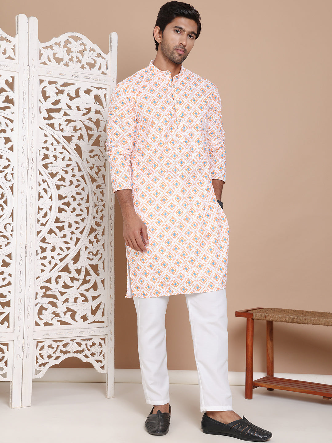 Printed and Emrbroidered Kurta Pyjama Set ( JOKP P 5097Orange )