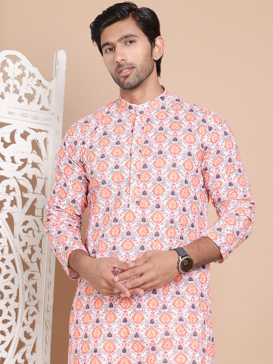 Printed and Emrbroidered Kurta Pyjama Set ( JOKP P 5097Peach )