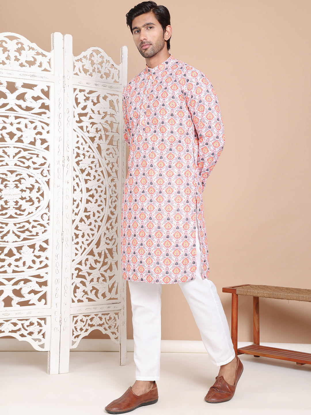 Printed and Emrbroidered Kurta Pyjama Set ( JOKP P 5097Peach )