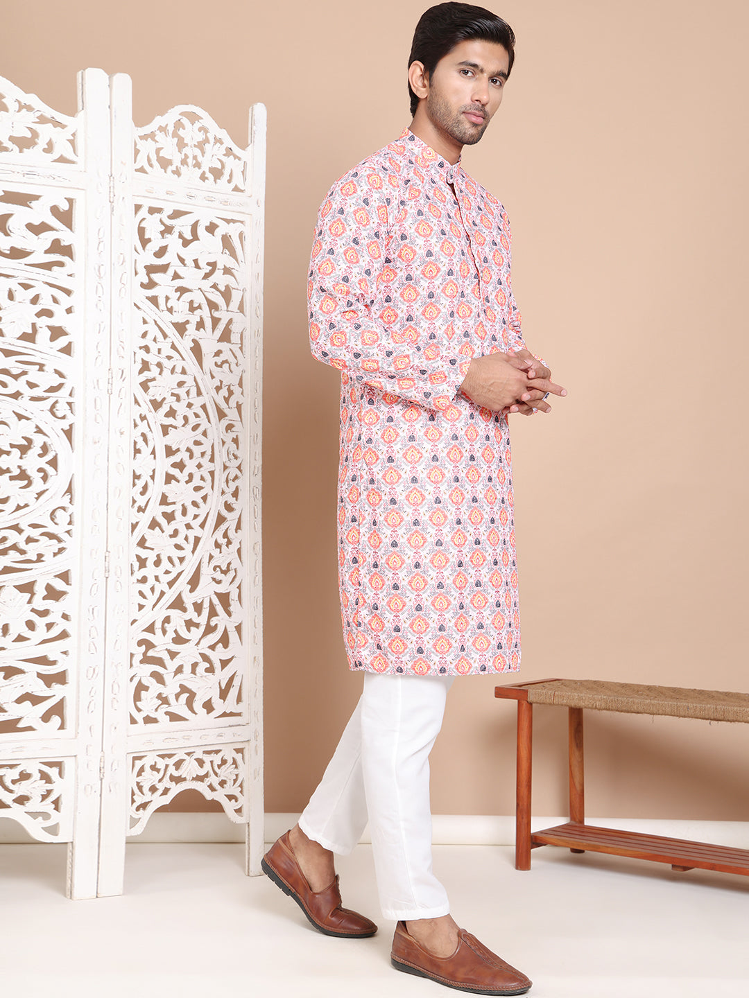 Printed and Emrbroidered Kurta Pyjama Set ( JOKP P 5097Peach )