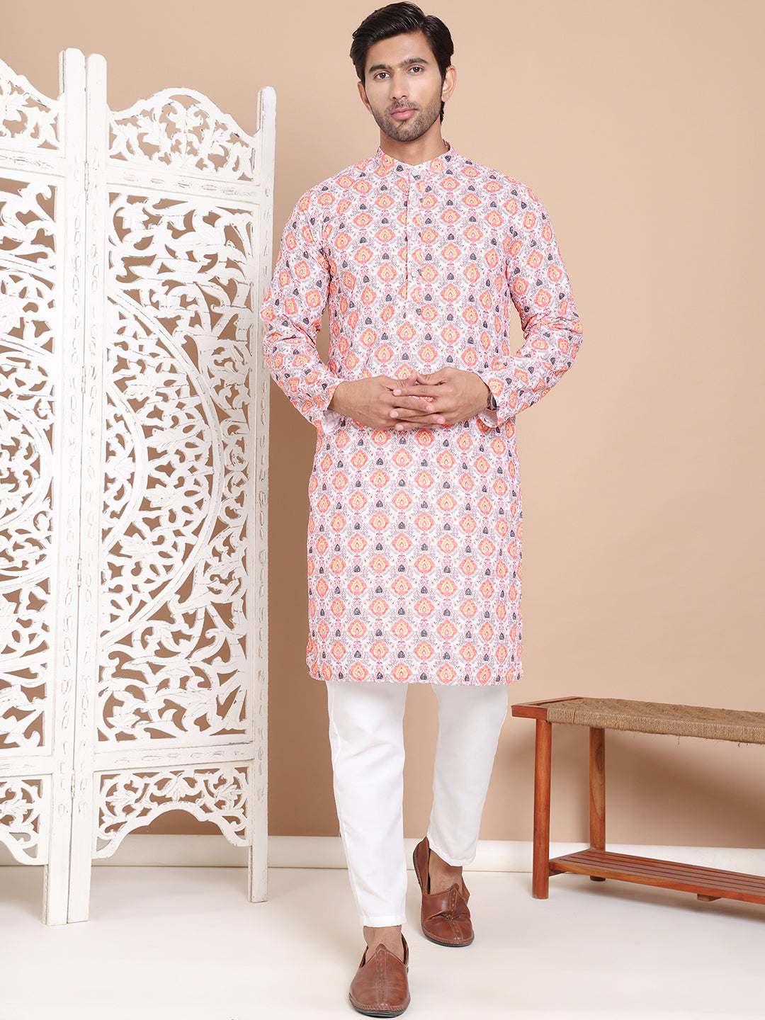 Printed and Emrbroidered Kurta Pyjama Set ( JOKP P 5097Peach )