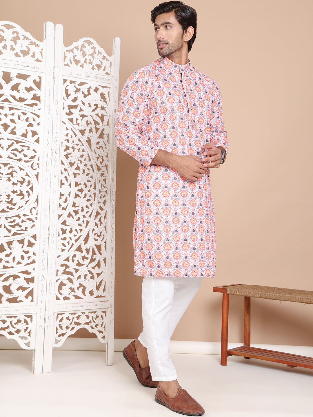 Printed and Emrbroidered Kurta Pyjama Set ( JOKP P 5097Peach )