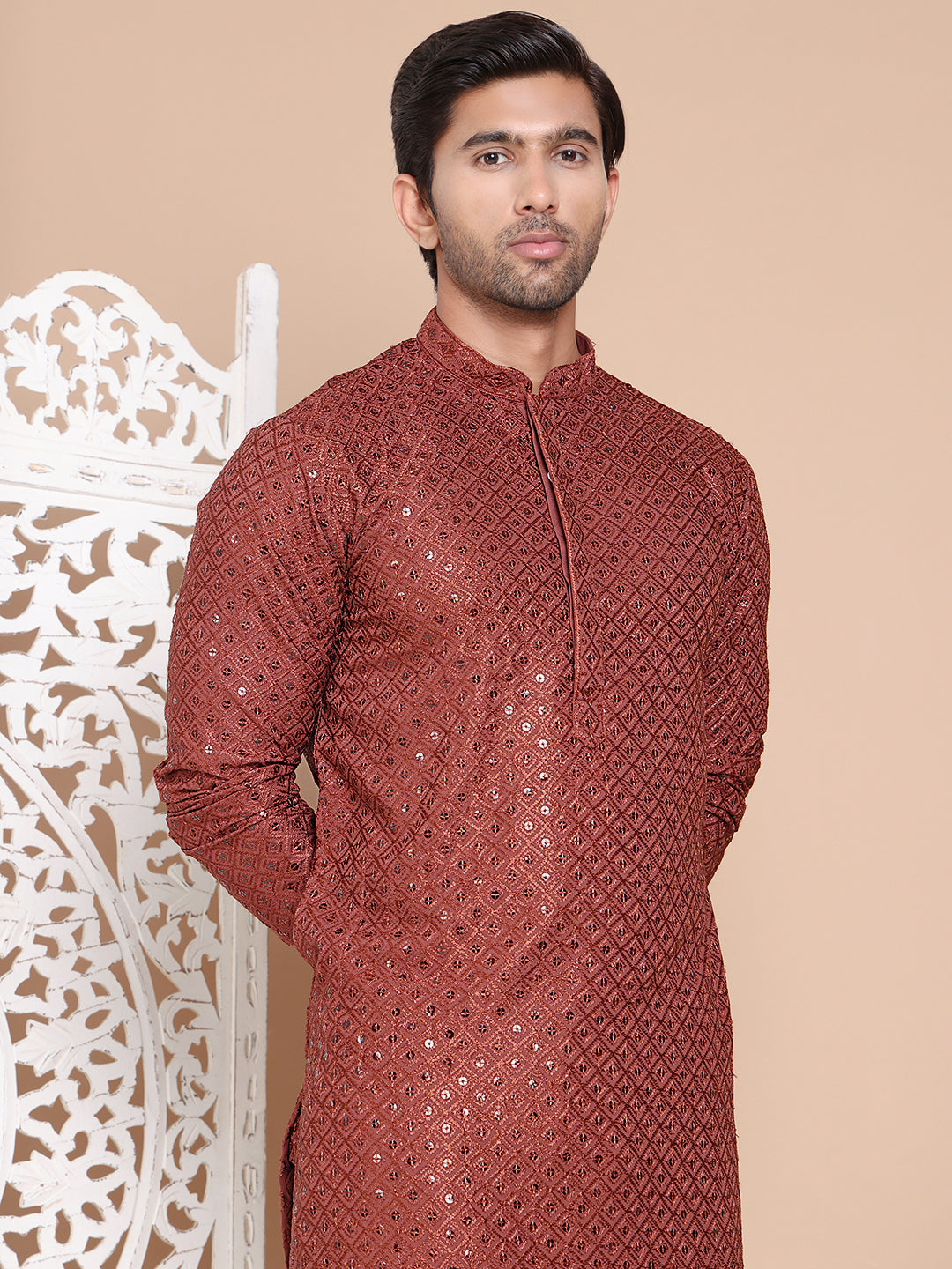Embroidered and Sequence Kurta with Pyjama For Men ( JOKP P 5098Brown ) [FF] [J-2-3]