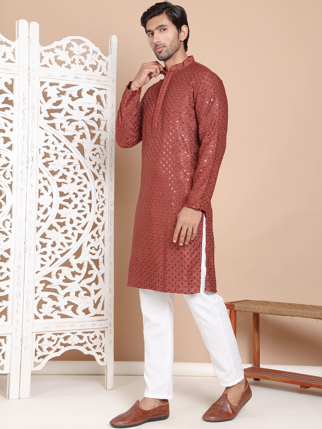 Embroidered and Sequence Kurta with Pyjama For Men ( JOKP P 5098Brown ) [FF] [J-2-3]