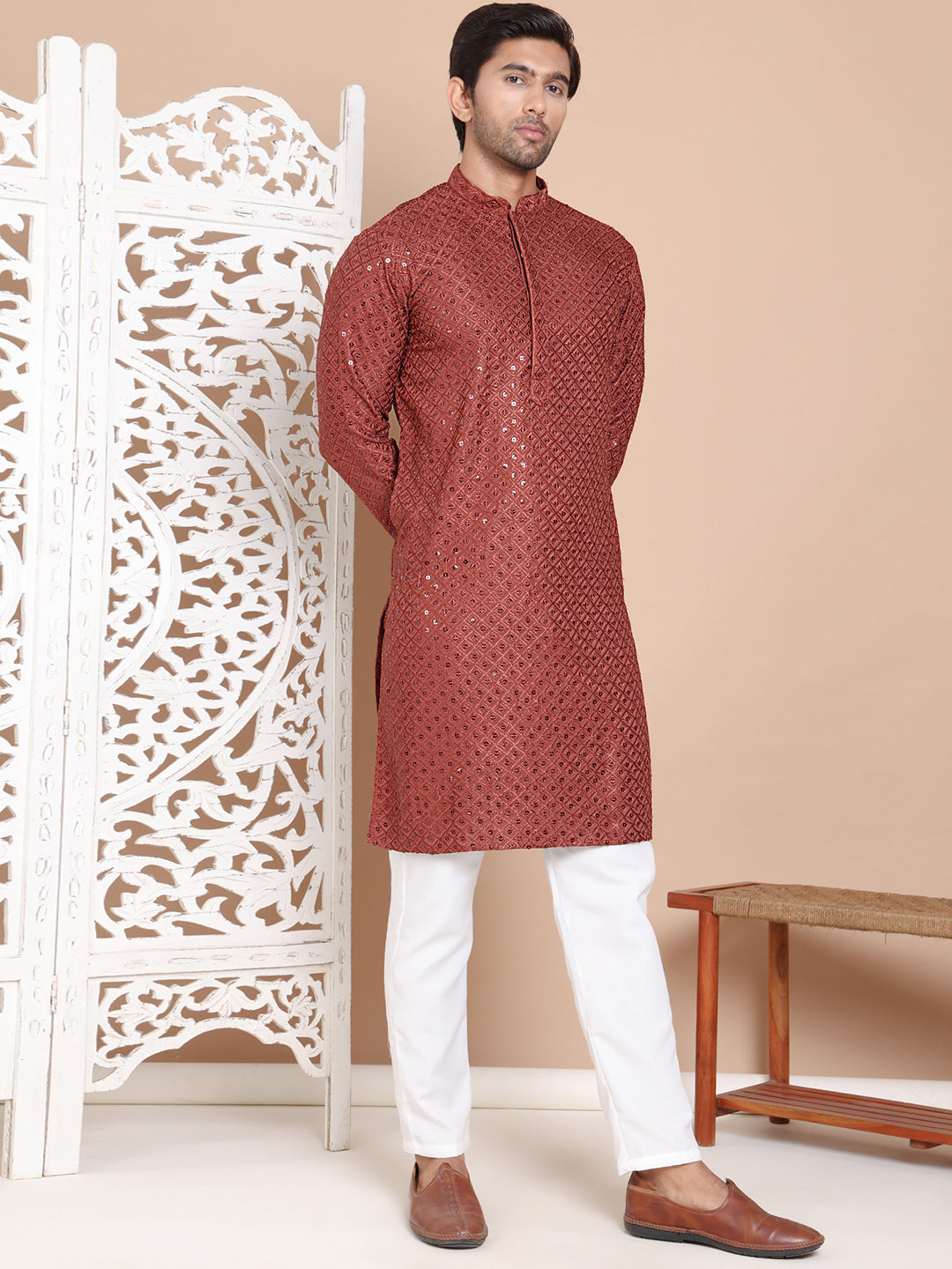 Embroidered and Sequence Kurta with Pyjama For Men ( JOKP P 5098Brown ) [FF] [J-2-3]