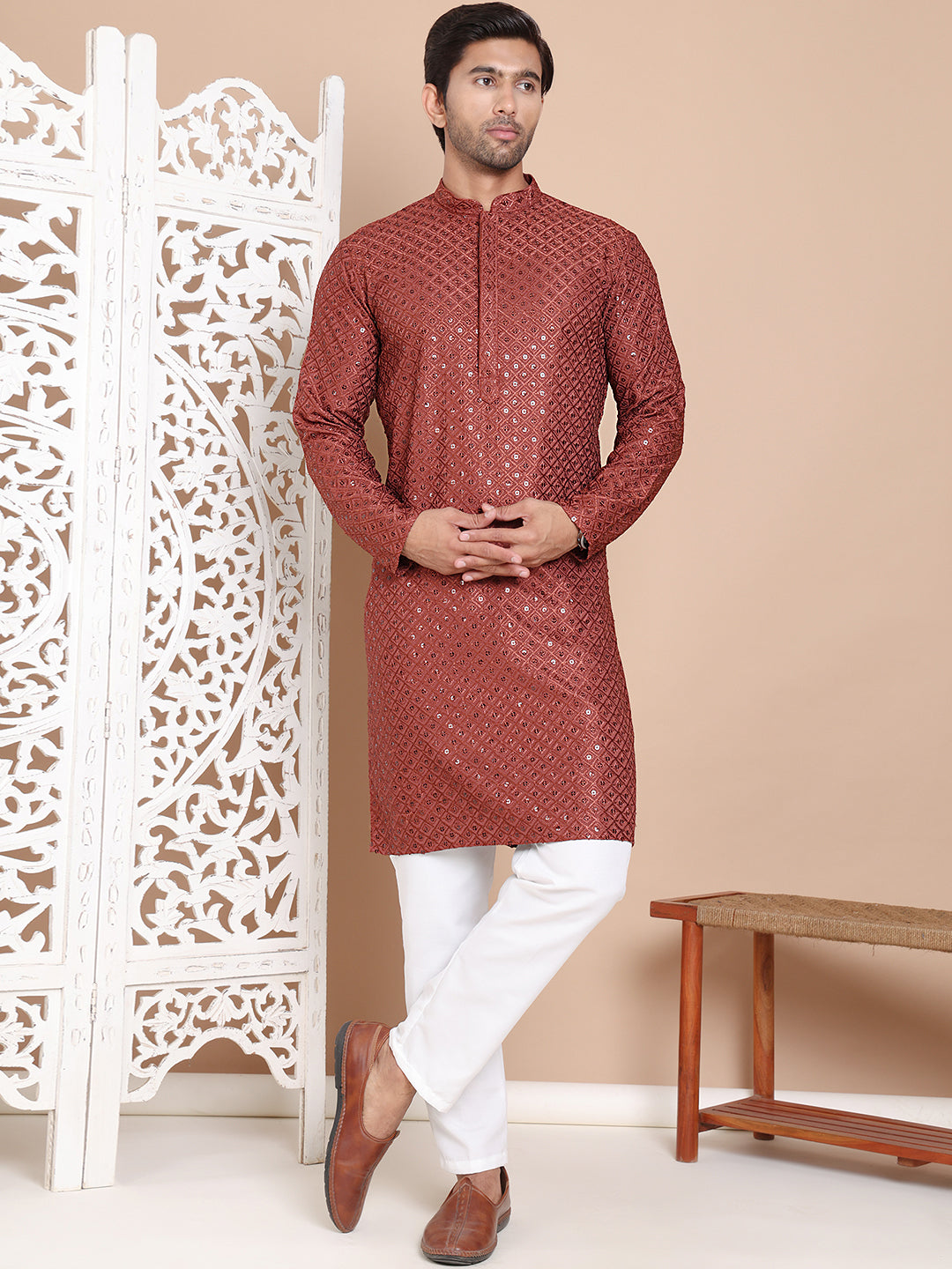 Embroidered and Sequence Kurta with Pyjama For Men ( JOKP P 5098Brown ) [FF] [J-2-3]