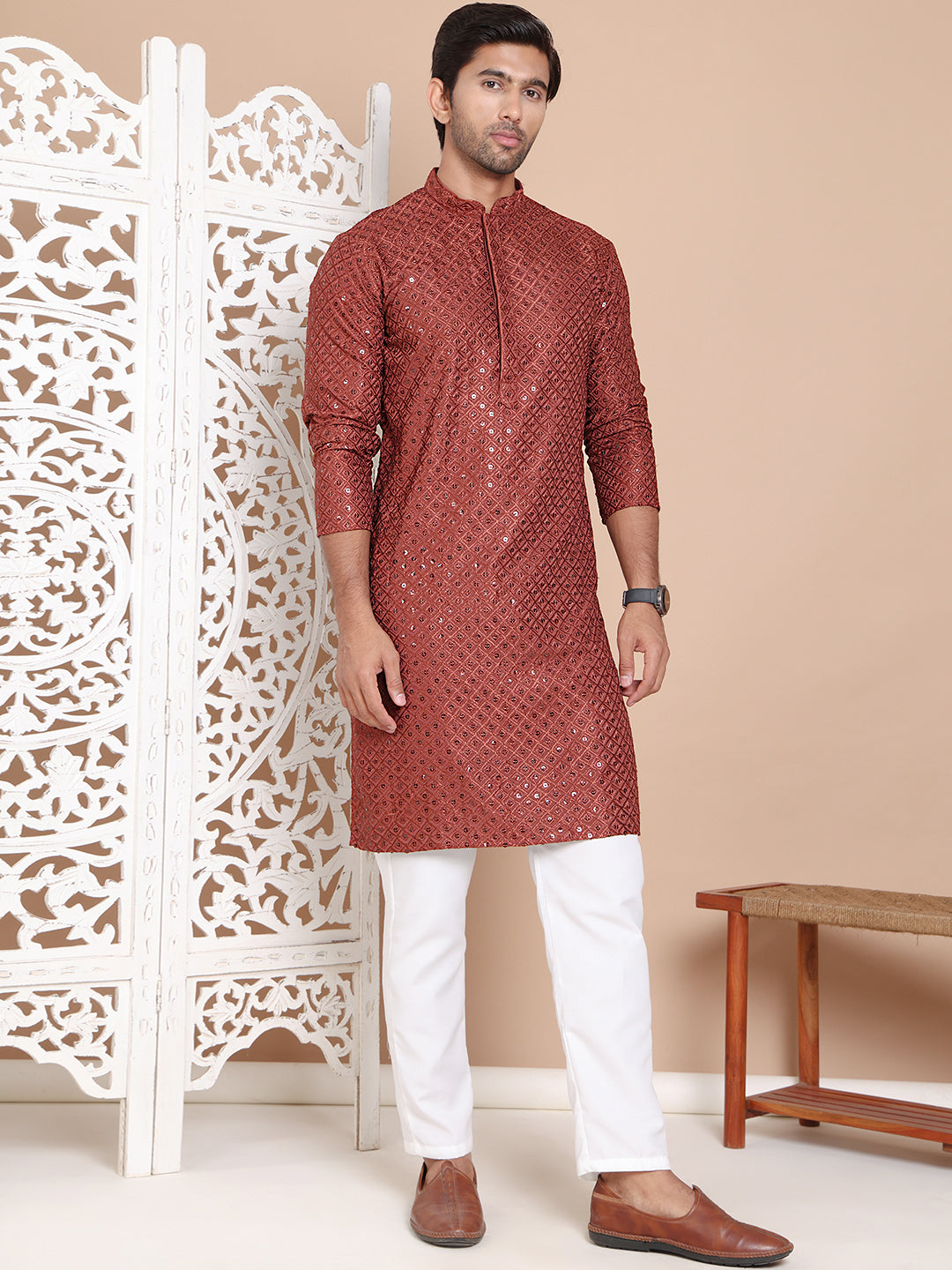 Embroidered and Sequence Kurta with Pyjama For Men ( JOKP P 5098Brown ) [FF] [J-2-3]