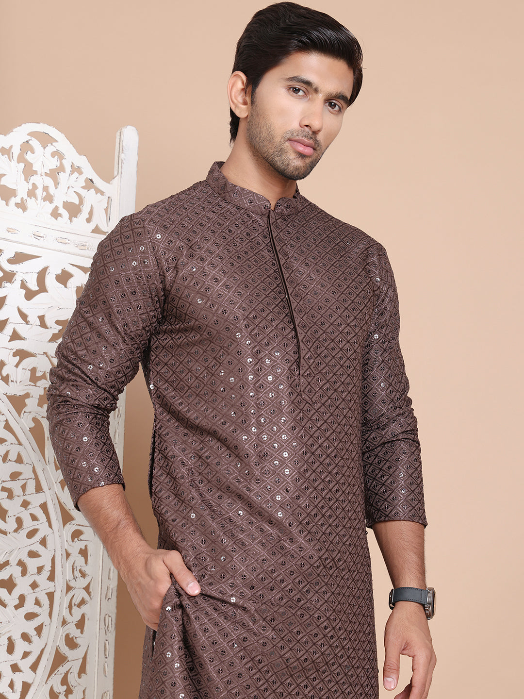 Embroidered and Sequence Kurta with Pyjama For Men ( JOKP P 5098Coffee ) [FF] [J-2-3]