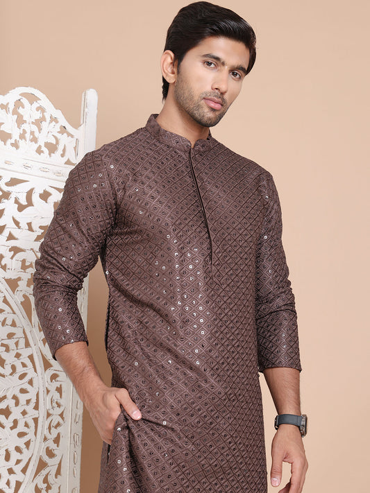 Embroidered and Sequence Kurta with Pyjama For Men ( JOKP P 5098Coffee ) [FF] [J-2-3]