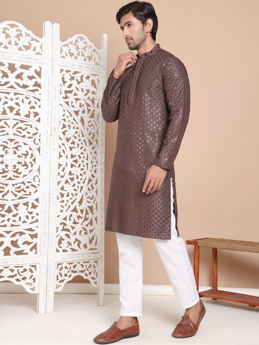 Embroidered and Sequence Kurta with Pyjama For Men ( JOKP P 5098Coffee ) [FF] [J-2-3]