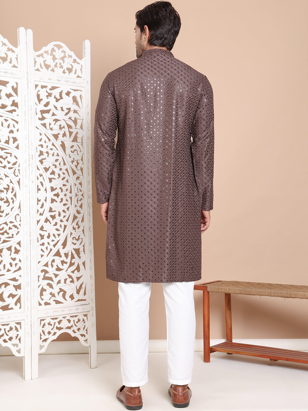 Embroidered and Sequence Kurta with Pyjama For Men ( JOKP P 5098Coffee ) [FF] [J-2-3]