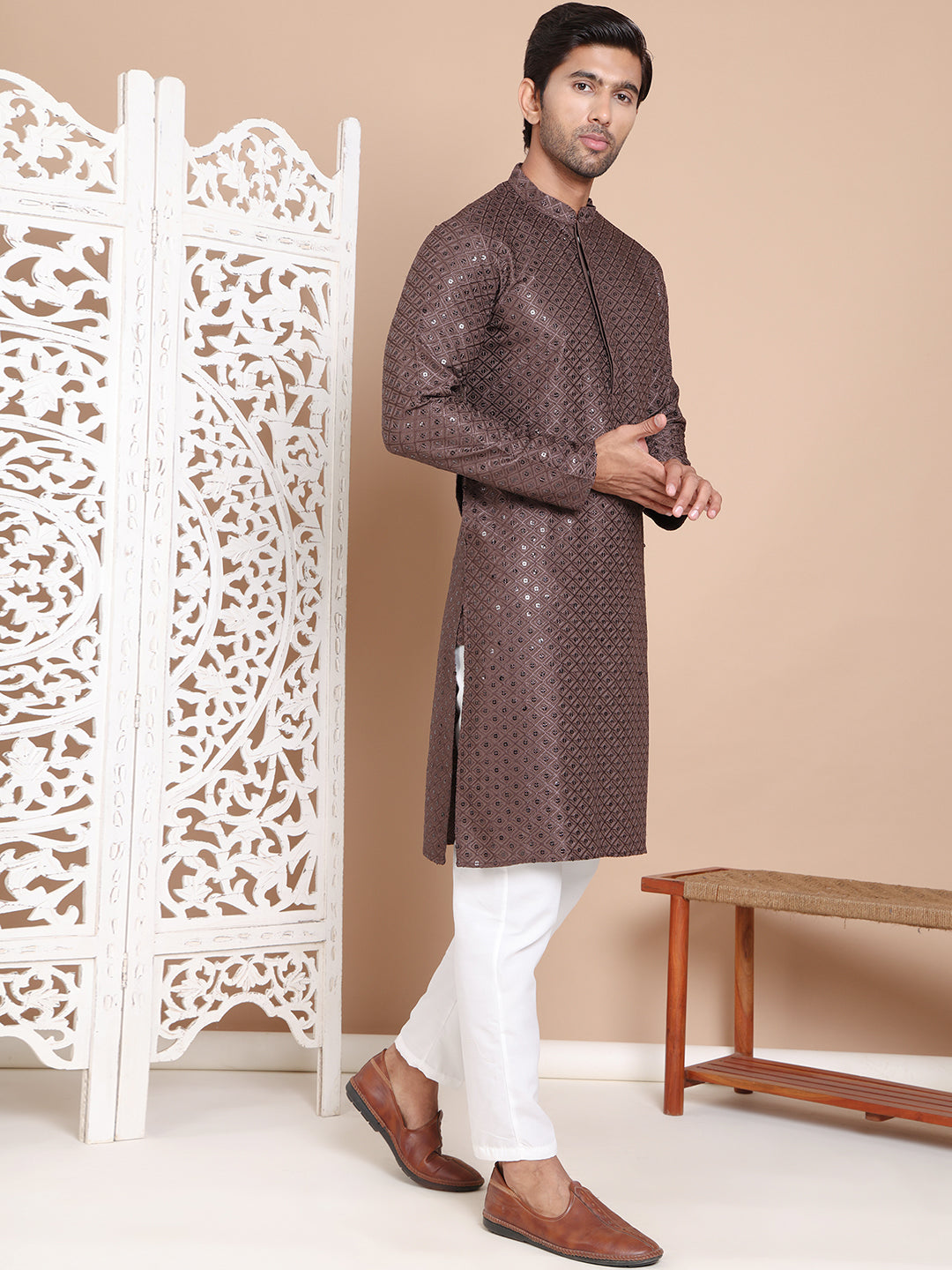 Embroidered and Sequence Kurta with Pyjama For Men ( JOKP P 5098Coffee ) [FF] [J-2-3]
