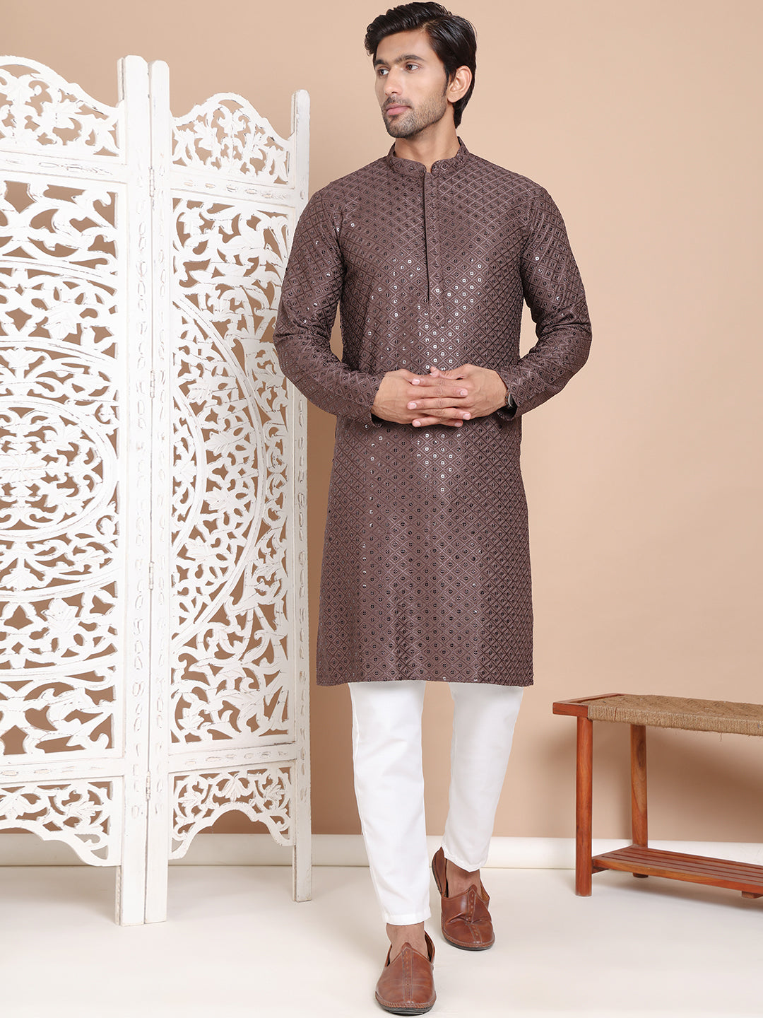 Embroidered and Sequence Kurta with Pyjama For Men ( JOKP P 5098Coffee ) [FF] [J-2-3]