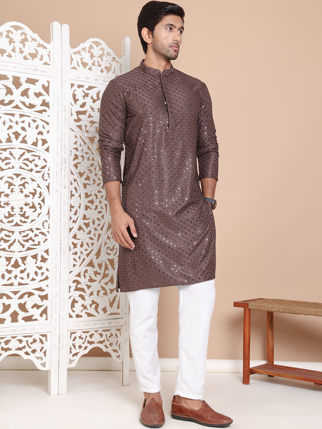 Embroidered and Sequence Kurta with Pyjama For Men ( JOKP P 5098Coffee ) [FF] [J-2-3]